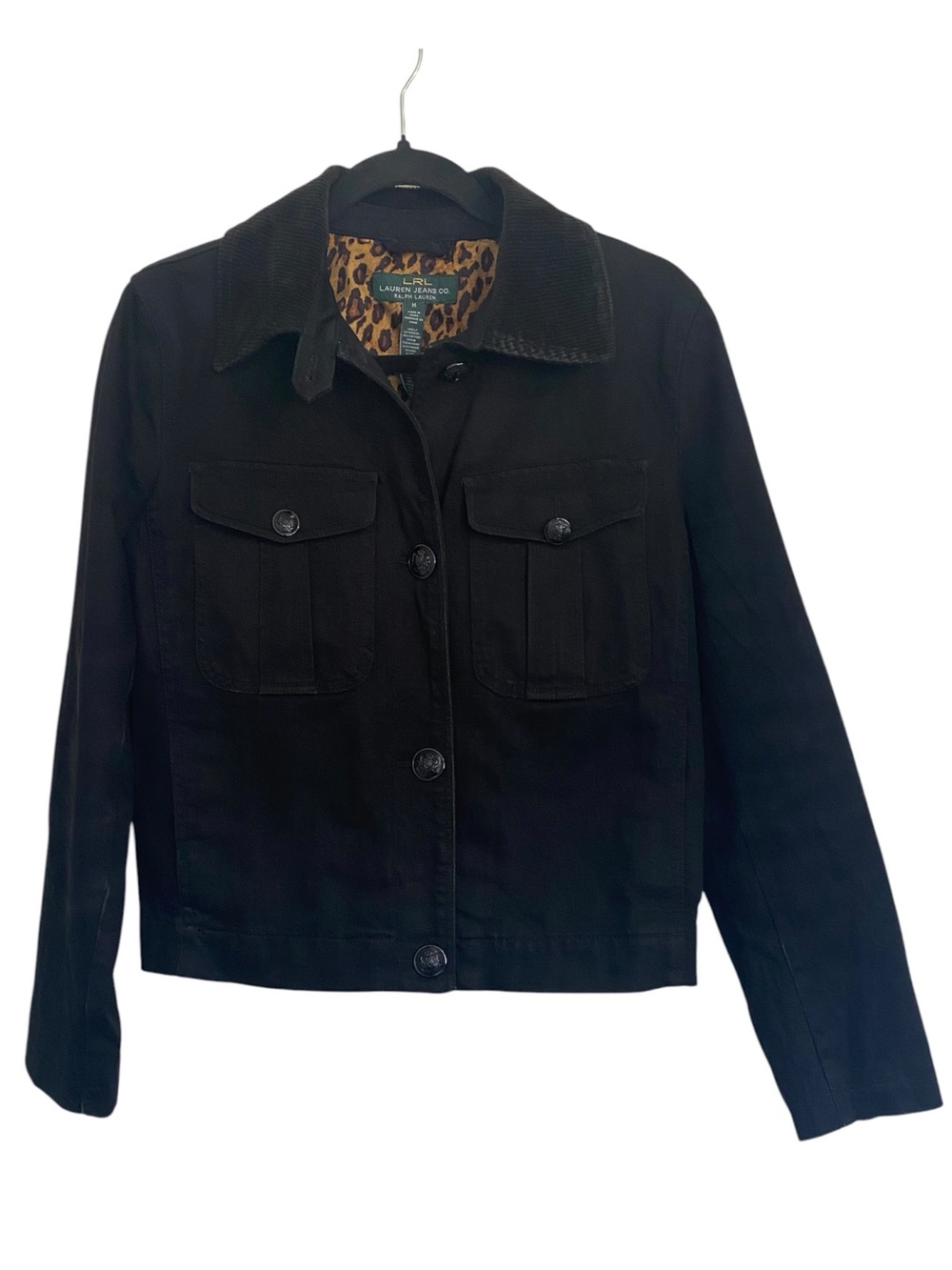 LRL Lauren Jeans Co Black Denim Utility Barn Jacket Leopard Lined M